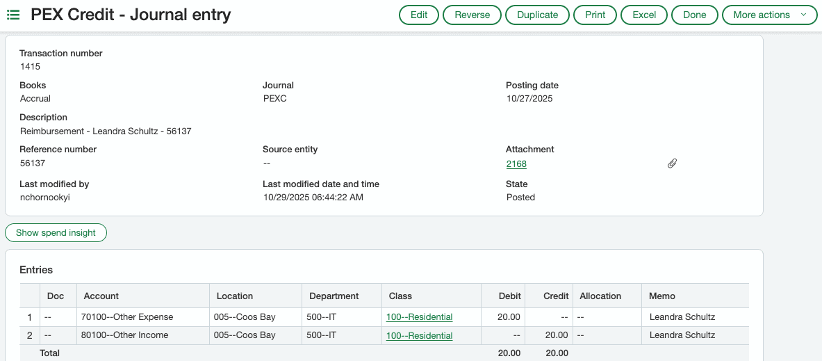 PEX Sage Intacct journal entry