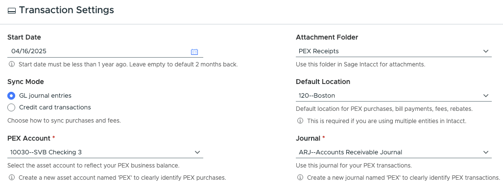 PEX and Sage Intacct transaction settings