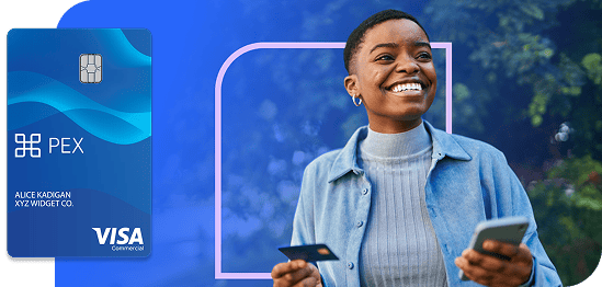 Smiling person holding a card and smartphone outdoors, with a blue PEX Visa card displayed on the left side of the image.