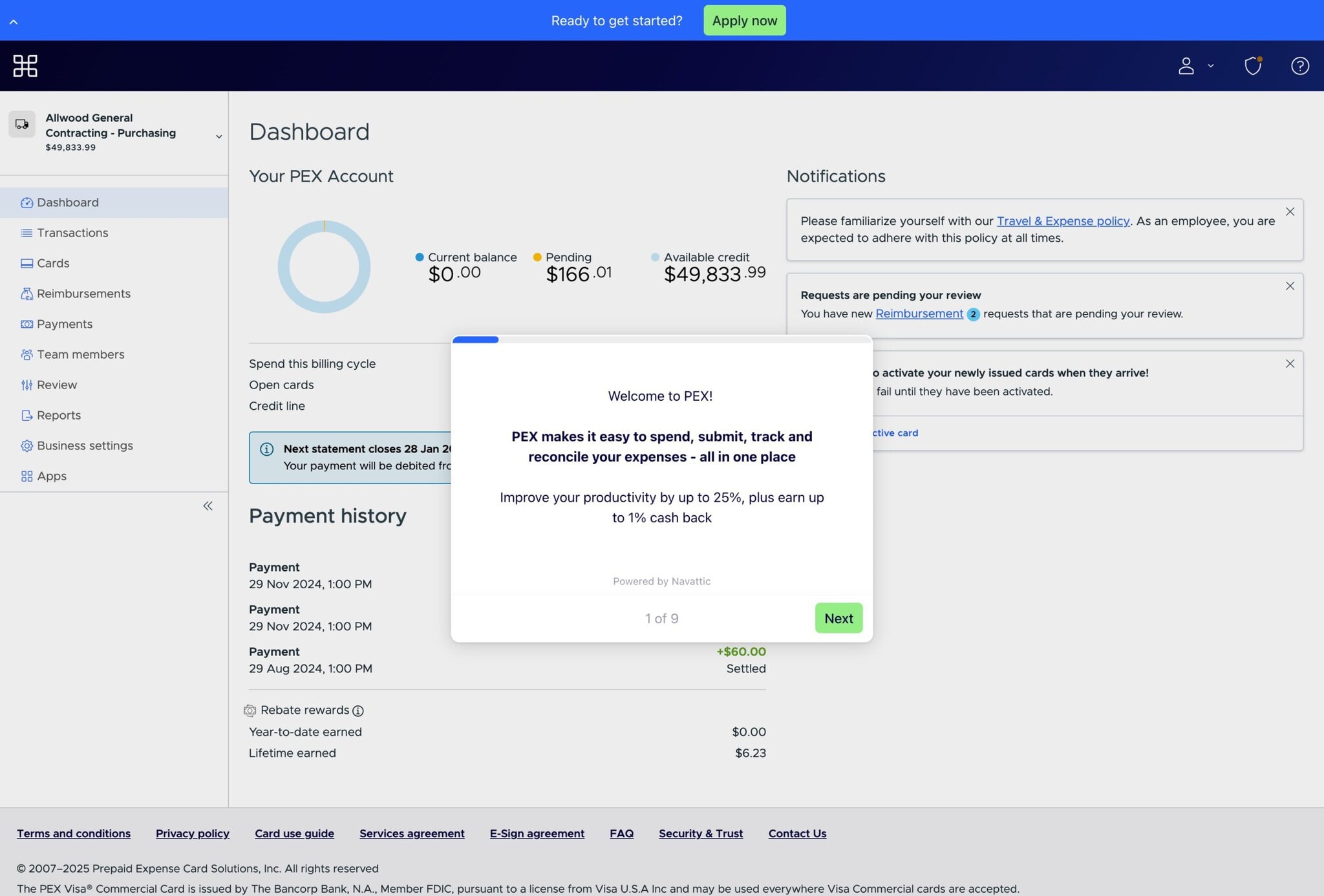 Screenshot of PEX dashboard displaying account balance, payment history, and notifications. A pop-up introduces PEX features, mentioning expense tracking and cash back options.