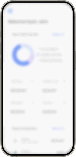 iphone-demo-blurred-no-shadow A smartphone screen displays a blurry dashboard interface with a circular chart and several data fields, making specific details unclear.