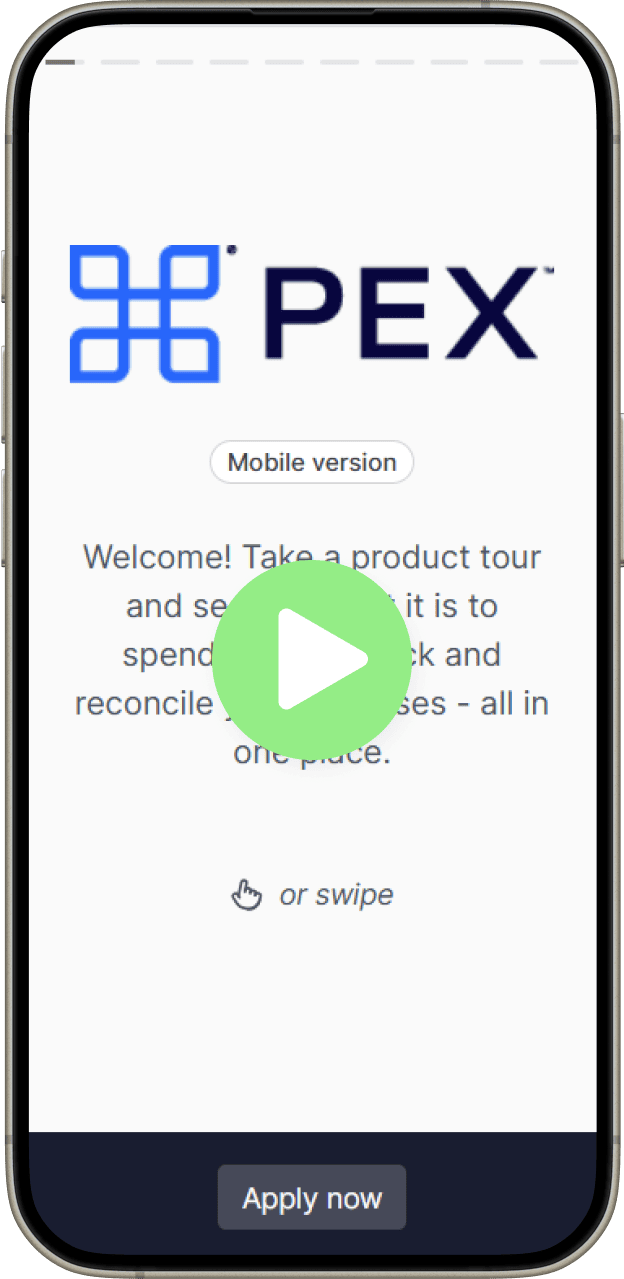 iphone-walkthrough-2x Mobile screen showing the PEX app interface with logo, welcome text, play button, and "Apply now" button at the bottom.