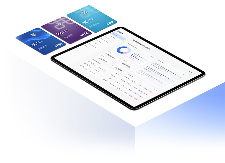 isometric-cards-ipad A tablet displaying a financial dashboard with graphs and data, next to three Visa credit cards in blue, purple, and dark blue, placed on a white surface.