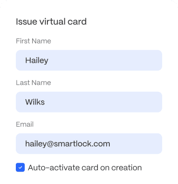 issue-virtual-card Form for issuing a virtual card with fields for first name, last name, email, and an option to auto-activate the card.