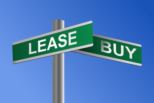 Signpost with "Lease" and "Buy" options against a clear blue sky background.