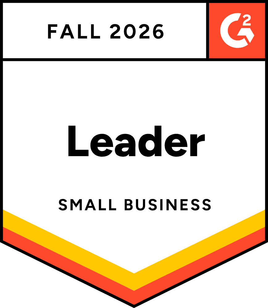 Fall 2026 G2 Leader badge for small businesses, featuring bold text and a red, yellow, and black color scheme.