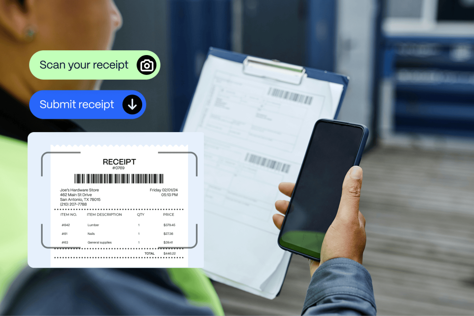 mid-market-receipt-capture Person scanning a receipt with a smartphone. A clipboard with documents is held in the other hand. A digital overlay shows a receipt with item details and buttons labeled "Scan your receipt" and "Submit receipt.