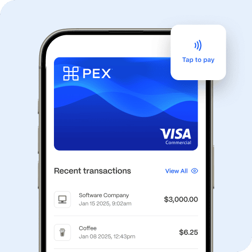 A smartphone displays a PEX Visa Commercial card with recent transactions and a "Tap to pay" prompt above the screen.