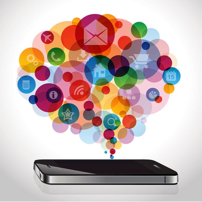 Smartphone with colorful app icons emerging in a cloud, symbolizing communication and technology.