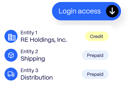 multi-entity-access Interface display with a "Login access" button and a list of three entities: RE Holdings, Inc. (Credit), Shipping (Prepaid), and Distribution (Prepaid).