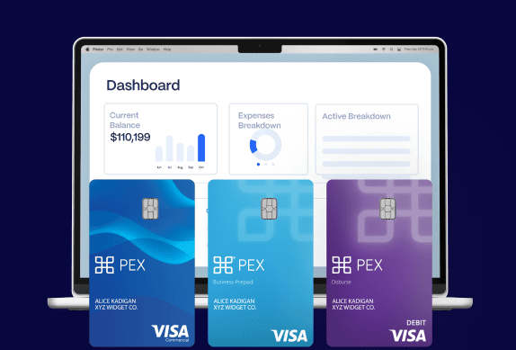A laptop screen displays a financial dashboard with balance and expense breakdowns. In the foreground, three PEX Visa cards in blue, teal, and purple colors are shown.