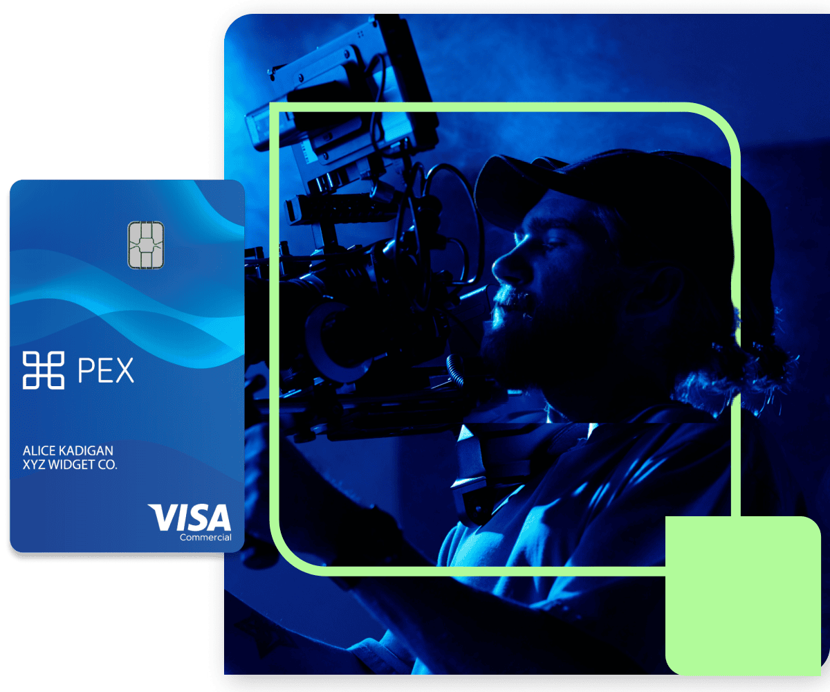 new-media-production-hero-image-v3 A close-up of a person filming with a large camera in dim blue light, alongside a blue PEX card featuring the name Alice Kadigan and XYZ Widget Co., and a Visa logo.