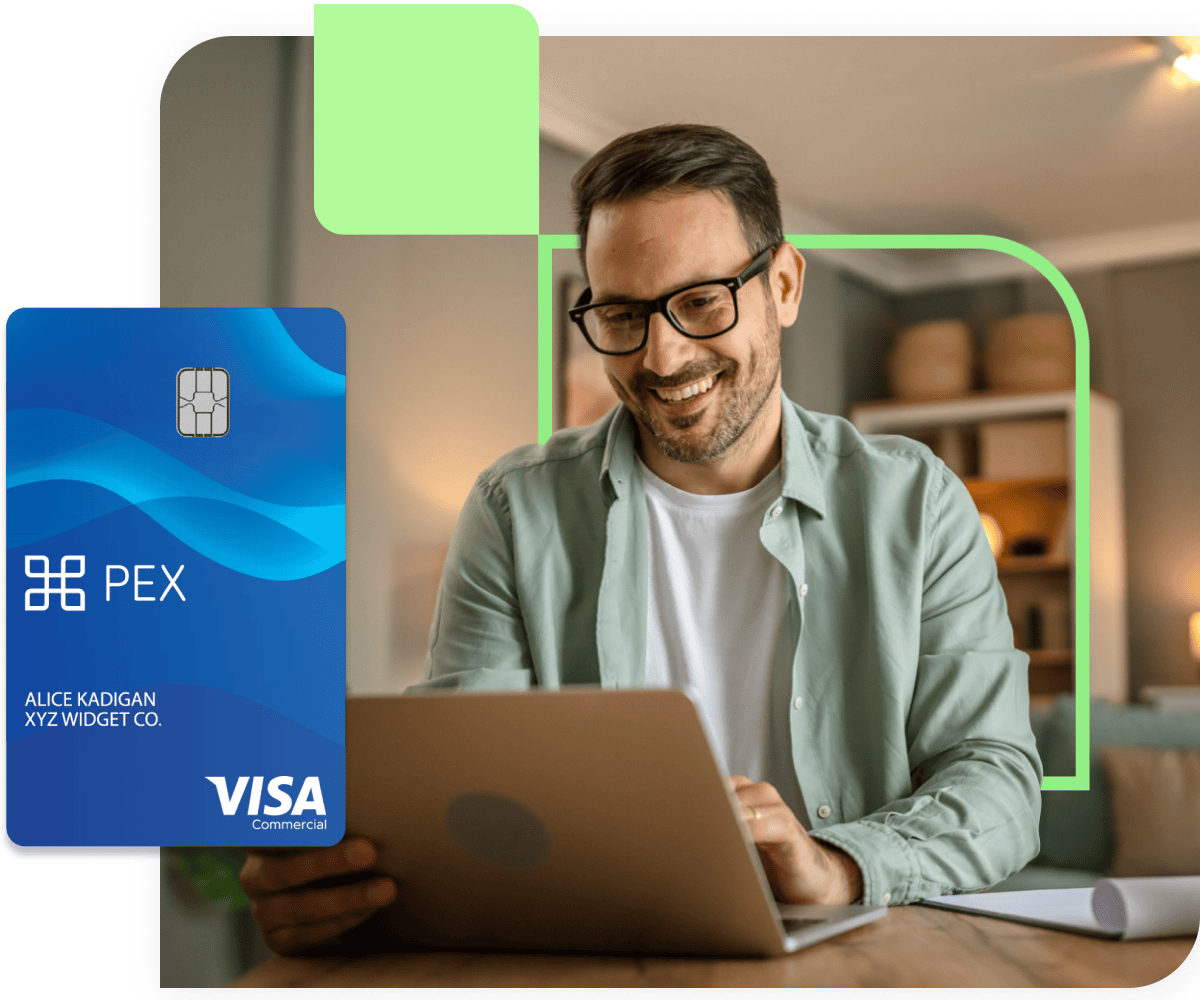 new-professional-services-hero-image-v3 A person wearing glasses and a green shirt works on a laptop at home. A PEX Visa commercial card is displayed in the foreground.
