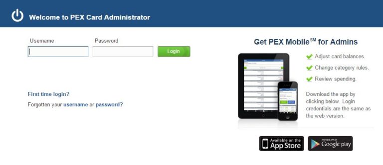 newrelease.jpg Login page for PEX Card Administrator featuring username and password fields, login button, and information about the PEX Mobile app for admins, with app store download links.