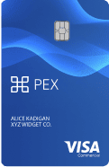 pex-credit-card A blue PEX Visa commercial card with a chip, featuring a company logo and the name "Alice Kadigan, XYZ Widget Co.
