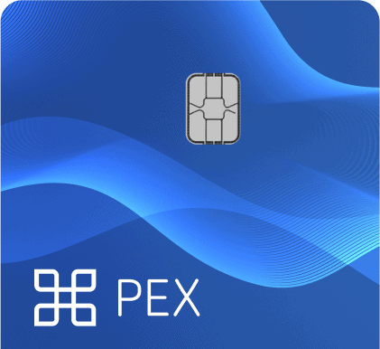 pex-credit-card-top-short A blue PEX card with a metallic chip in the center and the PEX logo and name in white at the bottom left.