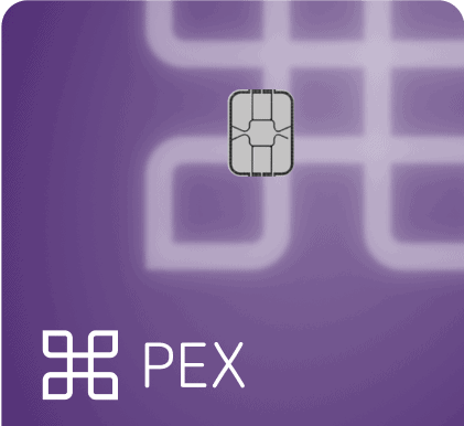 pex-disburse-card-top-short A purple card with a silver chip in the center, a white geometric logo, and the text "PEX" in the lower left corner.