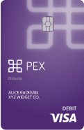 pex-disburse-debit-card Purple debit card with "PEX" and a logo on it. Includes card chip, "ALICE KAIDGAN," "XYZ WIDGET CO.," and "VISA DEBIT" logo.