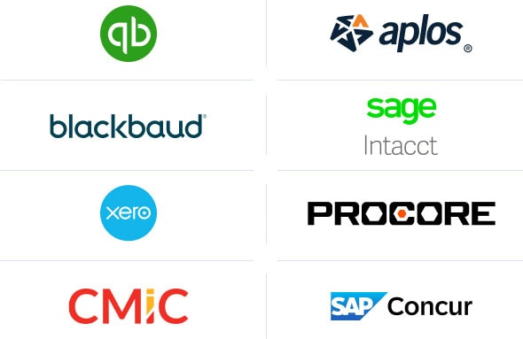 pex-integration-grid-mobile Logos of different software companies: QuickBooks, Aplos, Blackbaud, Sage Intacct, Xero, Procore, CMiC, and SAP Concur.