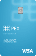 pex-prepaid-card A blue prepaid PEX business card displays a chip, the PEX logo, and "VISA" at the bottom right. Cardholder name is Alice Kadigan of XYZ Widget Co.