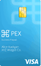 A Visa business prepaid card with a PEX logo and the name Alice Kadigan, XYZ Widget Co.