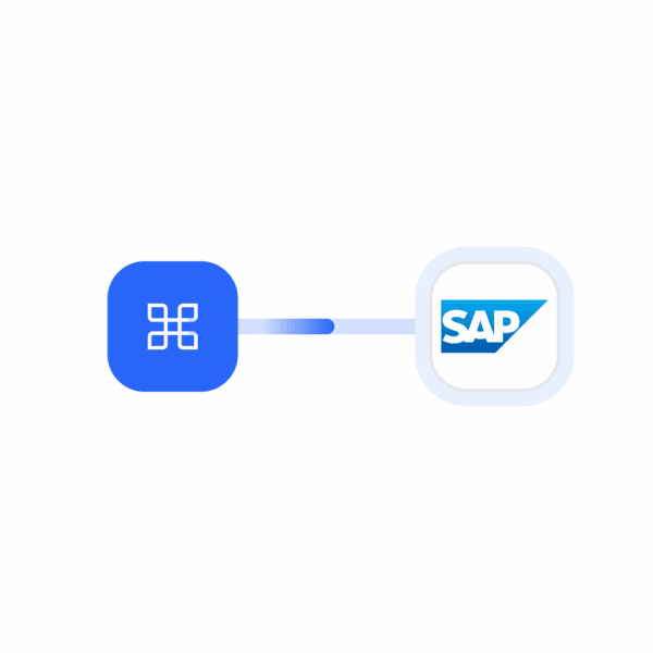 A blue app icon is connected by a gradient line to the SAP logo inside a rounded square on a white background.