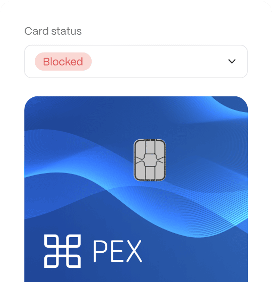 platform-block-cards Card with a blue design labeled "PEX." The card status above is marked "Blocked" in red.