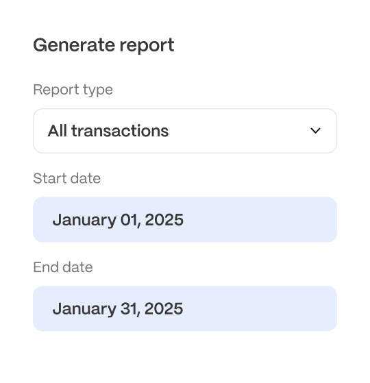 platform-generate-report A report generation interface with options: "All transactions" selected, and start and end dates set to January 01 and January 31, 2025, respectively.