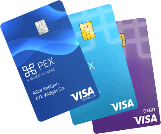 product-comparison-hero Three overlapping VISA cards, each with different gradient colors. The cards contain text, including "PEX Business Charge" and "DEBIT.