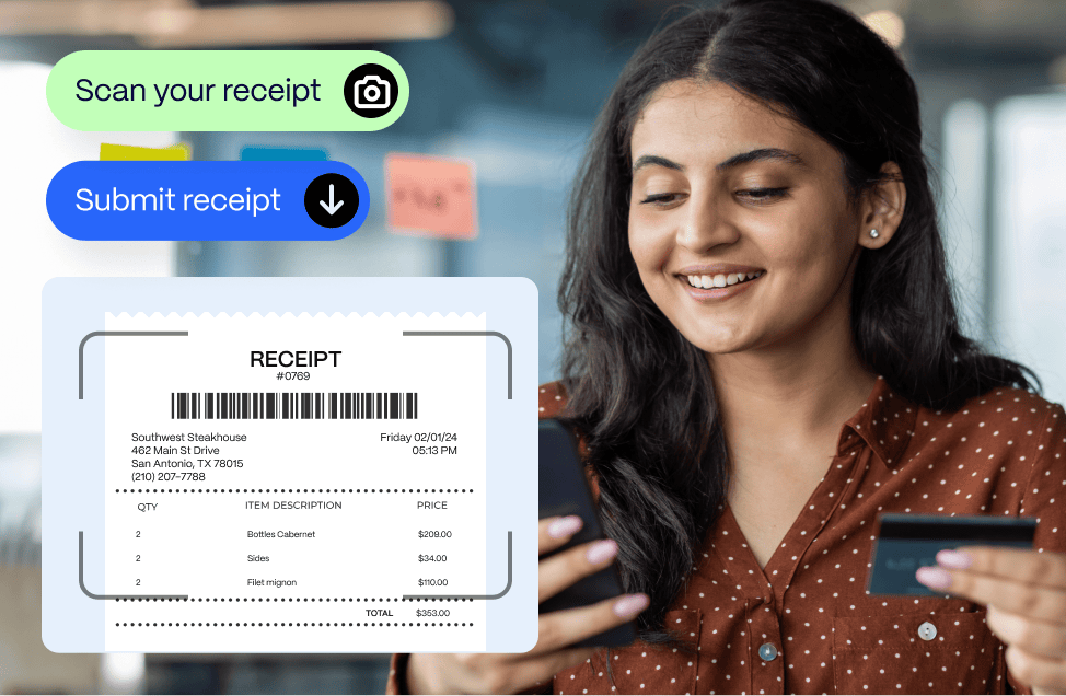 professional-services-receipt-submission A person holds a smartphone and a credit card, interacting with an app. The app features options to scan and submit a receipt, with a visible receipt showing a restaurant purchase.
