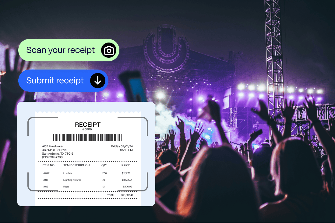 receipt-upload-media-entertainment Concert scene with a digital overlay showing a receipt and buttons labeled "Scan your receipt" and "Submit receipt.