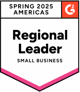 regional-leader-small-business-spring-25 A badge with the text "Spring 2025 Americas G2 Regional Leader Small Business" featuring a pink stripe at the bottom.
