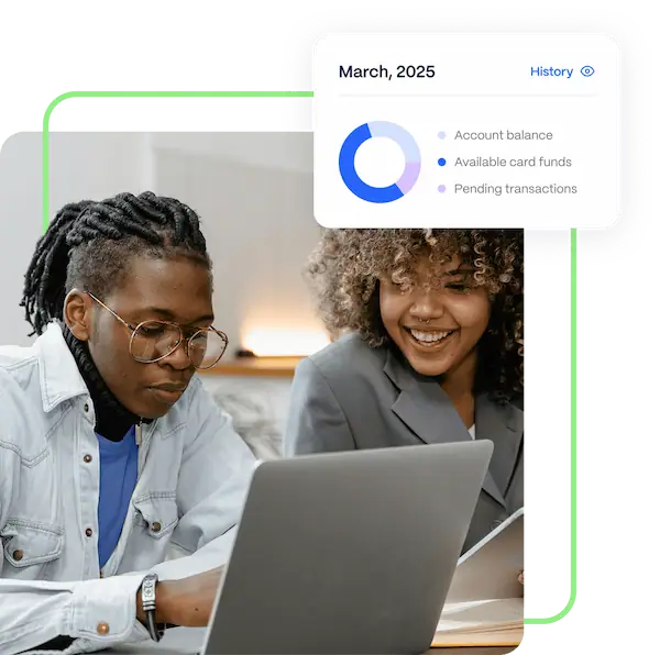 Two people look at a laptop together, with a digital overlay showing a financial chart for March 2025, including account balance, card funds, and pending transactions.