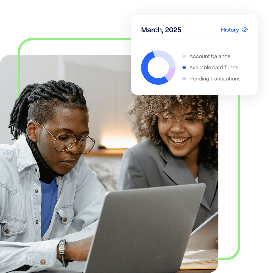 roi-pex Two people work together on a laptop; an overlaid chart shows account balance, available card funds, and pending transactions for March 2025.
