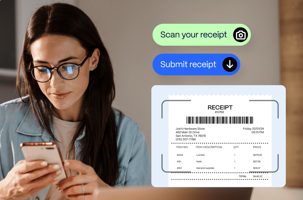Woman wearing glasses looks at her phone, with a receipt displayed on the screen next to her. Buttons labeled "Scan your receipt" and "Submit receipt" appear above the receipt.