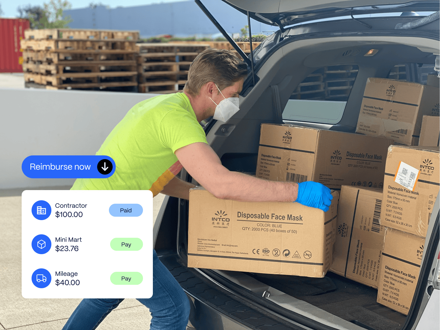 social-worker-delivering-supplies A person wearing a mask loads boxes of disposable face masks into a car. Payment transaction details are displayed in the foreground.