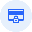 A blue icon of a credit card with a lock, symbolizing security, on a light circular background.