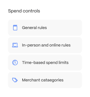 spend-limit-by-cat Spend controls menu with options: General rules, In-person and online rules, Time-based spend limits, Merchant categories.