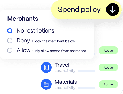 spend-policy-travel-materials User interface showing a spend policy feature for merchants with options to deny or allow, and two categories, Travel and Materials, marked active.