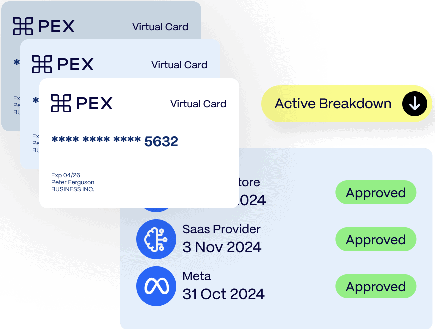 spend-virtual-cards Visual of PEX virtual cards with partial number 5632 and expiry date. Next to them, a list of transactions including "App Store," "SaaS Provider," and "Meta," all marked as approved.