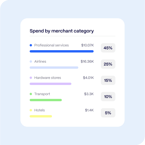 A chart shows spending by merchant category: Professional services 45%, Airlines 25%, Hardware stores 15%, Transport 10%, Hotels 5%, with corresponding dollar amounts.