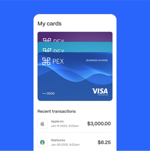 take-control-virtual-cards Mobile app interface showing three stacked PEX Visa Business Charge cards. Below, a list of recent transactions displays purchases at Apple Inc. for $3,000 and Starbucks for $6.25.