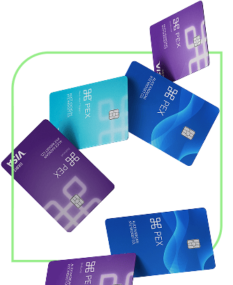 talk-to-an-expert-falling-cards-mobile A pile of various colored credit and debit cards, including blue and purple designs, featuring the PEX logo.