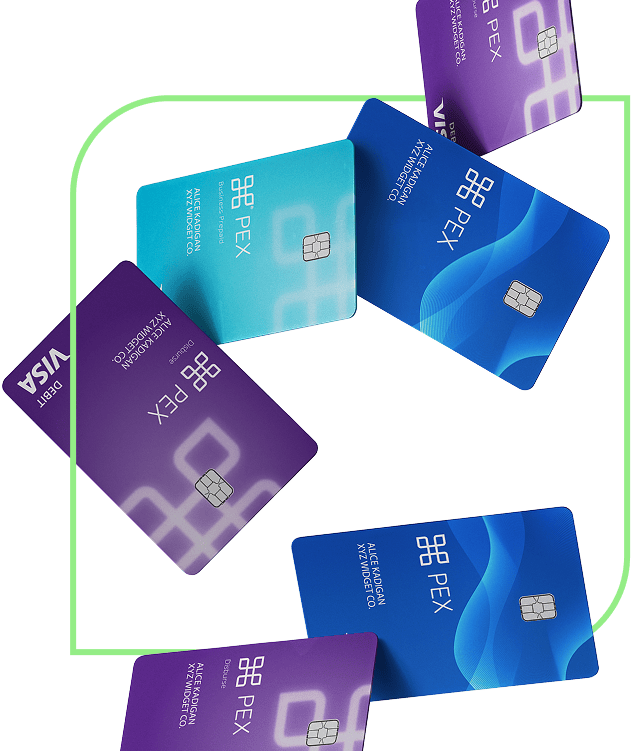 talk-to-an-expert-falling-cards Various blue and purple PEX Visa debit cards scattered on a white background.
