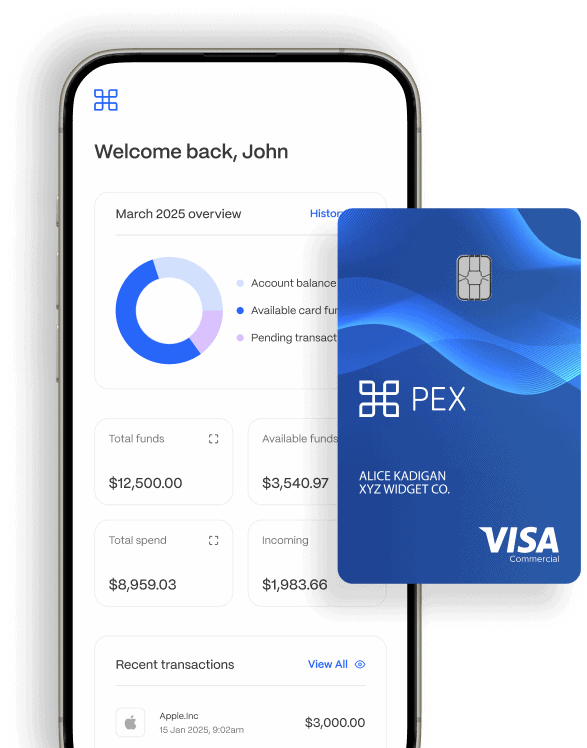 talk-to-an-expert-phone Image of a smartphone displaying a financial app dashboard, showing transactions and balances. A blue PEX Visa card with the name Alice Kadigan, XYZ Widget Co., is placed beside the phone.
