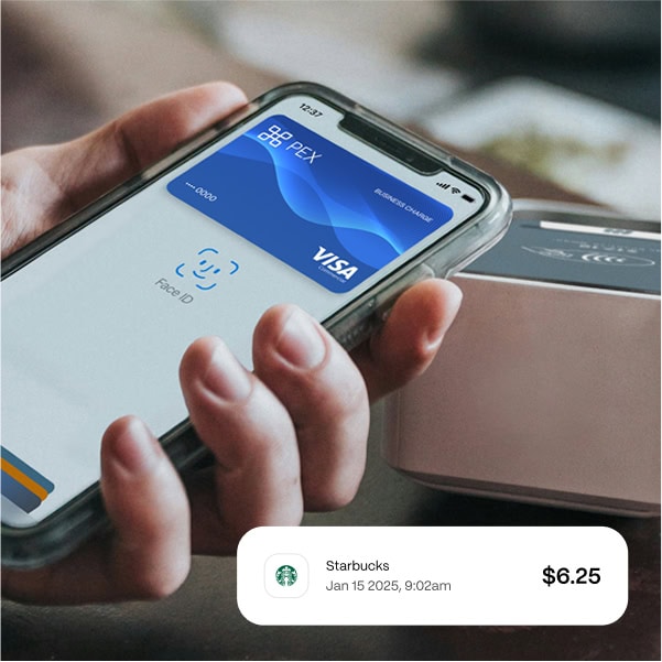 tap-to-pay A person holds an iPhone displaying a Visa card on Apple Wallet for a contactless payment. The payment amount is $6.25 for Starbucks, dated January 15, 2025, at 9:02 am.